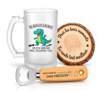 Planetee Coffret Chope de Bière Beaugossaurus Vantard mais Cool | Chope Verre Givré 470 ml, Décapsuleur Gravé, Dessous de Verre Bois | 3 Pièces | Cadeau Anniversaire Noël