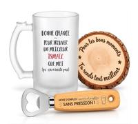 Planetee Coffret Chope de Bière Bonne Chance Ismaël | Verre Givré 470 ml, Décapsuleur Gravé, Sous-Verre Bois | 3 Pièces | Cadeau Homme Anniversaire Fête Noël Original