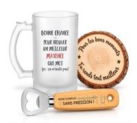 Planetee Coffret Chope de Bière Bonne Chance Maxence | Verre Givré 470 ml, Décapsuleur Gravé, Sous-Verre Bois | 3 Pièces | Cadeau Homme Anniversaire Fête Noël Original