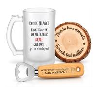 Planetee Coffret Chope de Bière Bonne Chance Rémi | Verre Givré 470 ml, Décapsuleur Gravé, Sous-Verre Bois | 3 Pièces | Cadeau Homme Anniversaire Fête Noël Original