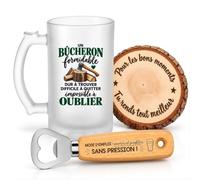 Planetee Coffret Chope de Bière Bûcheron Impossible à Oublier formidable dur à trouver | Verre Givré 470 ml, Décapsuleur Gravé, Sous-Verre Bois | 3 Pièces | Cadeau Noël Collègue Homme Départ Retraite