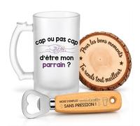 Planetee Coffret Chope de Bière Cap ou Pas Cap d'Être Mon Parrain | Chope Verre Givré 470 ml, Décapsuleur Gravé, Dessous de Verre Bois | 3 Pièces | Cadeau Baptême Anniversaire Noël