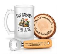 Planetee Coffret Chope de Bière Être Barman c'est la Vie | Verre Givré 470 ml, Décapsuleur Gravé, Sous-Verre Bois | 3 Pièces | Cadeau Collègue Homme Départ Retraite Remerciement