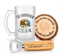 Planetee Coffret Chope de Bière Être Entrepreneur c'est la Vie | Verre Givré 470 ml, Décapsuleur Gravé, Sous-Verre Bois | 3 Pièces | Cadeau Noël Collègue Homme Départ Retraite Remerciement