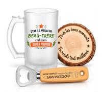 Planetee Coffret Chope de Bière Être le meilleur Beau-Frère c'est mon super pouvoir | Chope Verre Givré 470 ml, Décapsuleur Gravé, Dessous de Verre Bois | 3 Pièces | Cadeau Fête des Pères