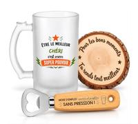 Planetee Coffret Chope de Bière Être le Meilleur Chéri | Chope Verre Givré 470 ml, Décapsuleur Gravé, Dessous de Verre Bois | 3 Pièces | Cadeau Noël Homme Saint-Valentin Anniversaire Couple