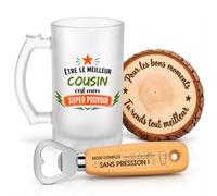 Planetee Coffret Chope de Bière Être le meilleur Cousin c'est mon super pouvoir | Chope Verre Givré 470 ml, Décapsuleur Gravé, Dessous de Verre Bois | 3 Pièces | Cadeau Fête des Pères