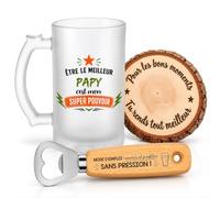 Planetee Coffret Chope de Bière Être le meilleur Papy c'est mon super pouvoir | Chope Verre Givré 470 ml, Décapsuleur Gravé, Dessous de Verre Bois | 3 Pièces | Cadeau Fête des Pères