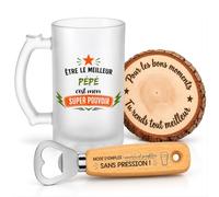 Planetee Coffret Chope de Bière Être le Meilleur Pépé | Chope Verre Givré 470 ml, Décapsuleur Gravé, Dessous de Verre Bois | 3 Pièces | Cadeau Fête des Grands-Pères Anniversaire Noël