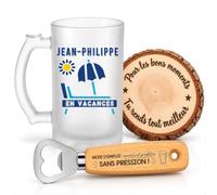 Planetee Coffret Chope de Bière Jean-Philippe en Vacances | Verre Givré 470 ml, Décapsuleur Gravé, Sous-Verre Bois | 3 Pièces | Cadeau Homme Anniversaire Fête Noël Original