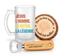 Planetee Coffret Chope de Bière Jésus Mythe Légende | Verre Givré 470 ml, Décapsuleur Gravé, Sous-Verre Bois | 3 Pièces | Cadeau Homme Anniversaire Fête Noël Original
