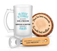 Planetee Coffret Chope de Bière Joueur de Pétanque Impossible à Oublier | Verre Givré 470 ml, Décapsuleur Gravé, Sous-Verre Bois | 3 Pièces | Cadeau Noël Homme Passionné Humour Original Anniversaire