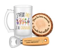 Planetee Coffret Chope de Bière J'peux pas J'ai Carnaval | Verre Givré 470 ml, Décapsuleur Gravé, Sous-Verre Bois | 3 Pièces | Cadeau Homme Passionné Humour Original Anniversaire
