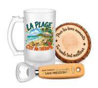 Planetee Coffret Chope de Bière La Plage Ma Thérapie | Verre Givré 470 ml, Décapsuleur Gravé, Sous-Verre Bois | 3 Pièces | Cadeau Homme Passionné Humour Original Anniversaire