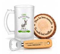 Planetee Coffret Chope de Bière Lionel il est têtu comme un âne mais c'est pour ça qu'on l'adore | Chope Verre Givré 470 ml, Décapsuleur Gravé, Dessous de Verre Bois | 3 Pièces