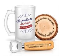 Planetee Coffret Chope de Bière Meilleur Danseur du Monde | Verre Givré 470 ml, Décapsuleur Gravé, Sous-Verre Bois | 3 Pièces | Cadeau Collègue Homme Départ Retraite Remerciement
