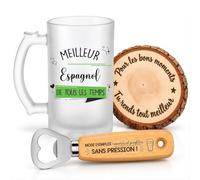Planetee Coffret Chope de Bière Meilleur Espagnol de Tous les Temps | Verre Givré 470 ml, Décapsuleur Gravé, Sous-Verre Bois | 3 Pièces | Cadeau Homme Anniversaire Fête Noël Original