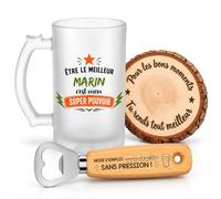 Planetee Coffret Chope de Bière Meilleur Marin Super Pouvoir | Verre Givré 470 ml, Décapsuleur Gravé, Sous-Verre Bois | 3 Pièces | Cadeau Collègue Homme Départ Retraite Remerciement