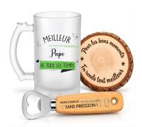 Planetee Coffret Chope de Bière Meilleur Papo de tous les temps | Chope Verre Givré 470 ml, Décapsuleur Gravé, Dessous de Verre Bois | 3 Pièces | Cadeau Fête des Pères