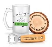 Planetee Coffret Chope de Bière Meilleur Prof d'Espagnol de Tous les Temps | Verre Givré 470 ml, Décapsuleur Gravé, Sous-Verre Bois | 3 Pièces | Cadeau Fin d'Année École Remerciement
