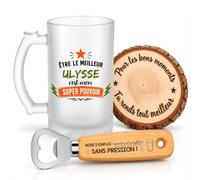 Planetee Coffret Chope de Bière Meilleur Ulysse Super Pouvoir | Verre Givré 470 ml, Décapsuleur Gravé, Sous-Verre Bois | 3 Pièces | Cadeau Homme Anniversaire Fête Noël Original