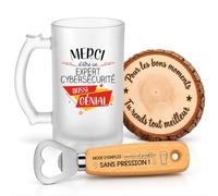 Planetee Coffret Chope de Bière Merci Expert Cybersécurité Génial | Verre Givré 470 ml, Décapsuleur Gravé, Sous-Verre Bois | 3 Pièces | Cadeau Noël Collègue Homme Départ Retraite Remerciement
