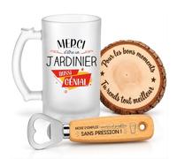 Planetee Coffret Chope de Bière Merci Jardinier Génial | Verre Givré 470 ml, Décapsuleur Gravé, Sous-Verre Bois | 3 Pièces | Cadeau Collègue Homme Départ Retraite Remerciement