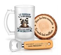 Planetee Coffret Chope de Bière Parrain a un Grain | Chope Verre Givré 470 ml, Décapsuleur Gravé, Dessous de Verre Bois | 3 Pièces | Cadeau Baptême Anniversaire Noël