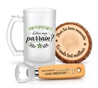 Planetee Coffret Chope de Bière Parrain Cap ou Pas Cap | Chope Verre Givré 470 ml, Décapsuleur Gravé, Dessous de Verre Bois | 3 Pièces | Cadeau Baptême Anniversaire Noël