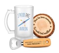 Planetee Coffret Chope de Bière Passion Aviron | Verre Givré 470 ml, Décapsuleur Gravé, Sous-Verre Bois | 3 Pièces | Cadeau Noël Homme Passionné Humour Original Anniversaire
