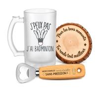 Planetee Coffret Chope de Bière Passion Badminton | Verre Givré 470 ml, Décapsuleur Gravé, Sous-Verre Bois | 3 Pièces | Cadeau Noël Homme Passionné Humour Original Anniversaire