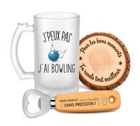 Planetee Coffret Chope de Bière Passion Bowling | Verre Givré 470 ml, Décapsuleur Gravé, Sous-Verre Bois | 3 Pièces | Cadeau Noël Homme Passionné Humour Original Anniversaire