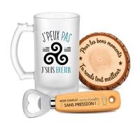 Planetee Coffret Chope de Bière Passion Breton | Verre Givré 470 ml, Décapsuleur Gravé, Sous-Verre Bois | 3 Pièces | Cadeau Noël Homme Passionné Humour Original Anniversaire