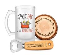 Planetee Coffret Chope de Bière Passion Bricolage | Verre Givré 470 ml, Décapsuleur Gravé, Sous-Verre Bois | 3 Pièces | Cadeau Noël Homme Passionné Humour Original Anniversaire