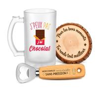 Planetee Coffret Chope de Bière Passion Chocolat | Verre Givré 470 ml, Décapsuleur Gravé, Sous-Verre Bois | 3 Pièces | Cadeau Noël Homme Passionné Humour Original Anniversaire