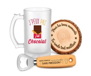 Planetee Coffret Chope de Bière Passion Chocolat | Verre Givré 470 ml, Décapsuleur Gravé, Sous-Verre Bois | 3 Pièces | Cadeau Noël Homme Passionné Humour Original Anniversaire