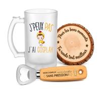 Planetee Coffret Chope de Bière Passion Cosplay | Verre Givré 470 ml, Décapsuleur Gravé, Sous-Verre Bois | 3 Pièces | Cadeau Noël Homme Passionné Humour Original Anniversaire
