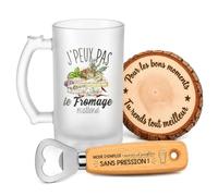 Planetee Coffret Chope de Bière Passion Fromage | Verre Givré 470 ml, Décapsuleur Gravé, Sous-Verre Bois | 3 Pièces | Cadeau Noël Homme Passionné Humour Original Anniversaire