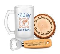 Planetee Coffret Chope de Bière Passion Grec | Verre Givré 470 ml, Décapsuleur Gravé, Sous-Verre Bois | 3 Pièces | Cadeau Noël Homme Passionné Humour Original Anniversaire