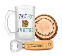 Planetee Coffret Chope de Bière Passion Lecture | Verre Givré 470 ml, Décapsuleur Gravé, Sous-Verre Bois | 3 Pièces | Cadeau Noël Homme Passionné Humour Original Anniversaire