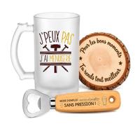 Planetee Coffret Chope de Bière Passion Menuiserie | Verre Givré 470 ml, Décapsuleur Gravé, Sous-Verre Bois | 3 Pièces | Cadeau Noël Homme Passionné Humour Original Anniversaire