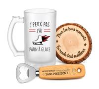 Planetee Coffret Chope de Bière Passion Patin à Glace | Verre Givré 470 ml, Décapsuleur Gravé, Sous-Verre Bois | 3 Pièces | Cadeau Noël Homme Passionné Humour Original Anniversaire