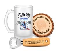 Planetee Coffret Chope de Bière Passion SKI | Verre Givré 470 ml, Décapsuleur Gravé, Sous-Verre Bois | 3 Pièces | Cadeau Noël Homme Passionné Humour Original Anniversaire
