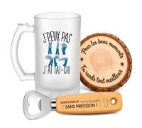 Planetee Coffret Chope de Bière Passion Tai Chi | Verre Givré 470 ml, Décapsuleur Gravé, Sous-Verre Bois | 3 Pièces | Cadeau Noël Homme Passionné Humour Original Anniversaire