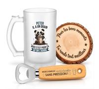 Planetee Coffret Chope de Bière Peter a un Grain | Verre Givré 470 ml, Décapsuleur Gravé, Sous-Verre Bois | 3 Pièces | Cadeau Homme Anniversaire Fête Noël Original