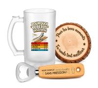 Planetee Coffret Chope de Bière Pourquoi je Perds en Saut à Ski | Verre Givré 470 ml, Décapsuleur Gravé, Sous-Verre Bois | 3 Pièces | Cadeau Noël Homme Passionné Humour Original Anniversaire