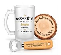 Planetee Coffret Chope de Bière Propriété Meilleur Parrain | Chope Verre Givré 470 ml, Décapsuleur Gravé, Dessous de Verre Bois | 3 Pièces | Cadeau Baptême Anniversaire Noël