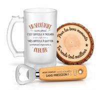 Planetee Coffret Chope de Bière Secrétaire aussi Génial | Verre Givré 470 ml, Décapsuleur Gravé, Sous-Verre Bois | 3 Pièces | Cadeau Collègue Homme Départ Retraite Remerciement