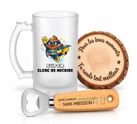 Planetee Coffret Chope de Bière Super clerc de notaire | Chope Verre Givré 470 ml, Décapsuleur Gravé, Dessous de Verre Bois | 3 Pièces | Cadeau Fête des Pères