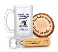 Planetee Coffret Chope de Bière Surveillant de Prison Impossible à Oublier | Verre Givré 470 ml, Décapsuleur Gravé, Sous-Verre Bois | 3 Pièces | Cadeau Fin d'Année École Remerciement